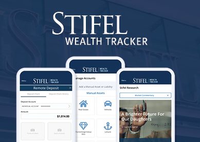 Stifel Wealth Tracker; Image of 3 cell phones with the wealth tracker features on them.